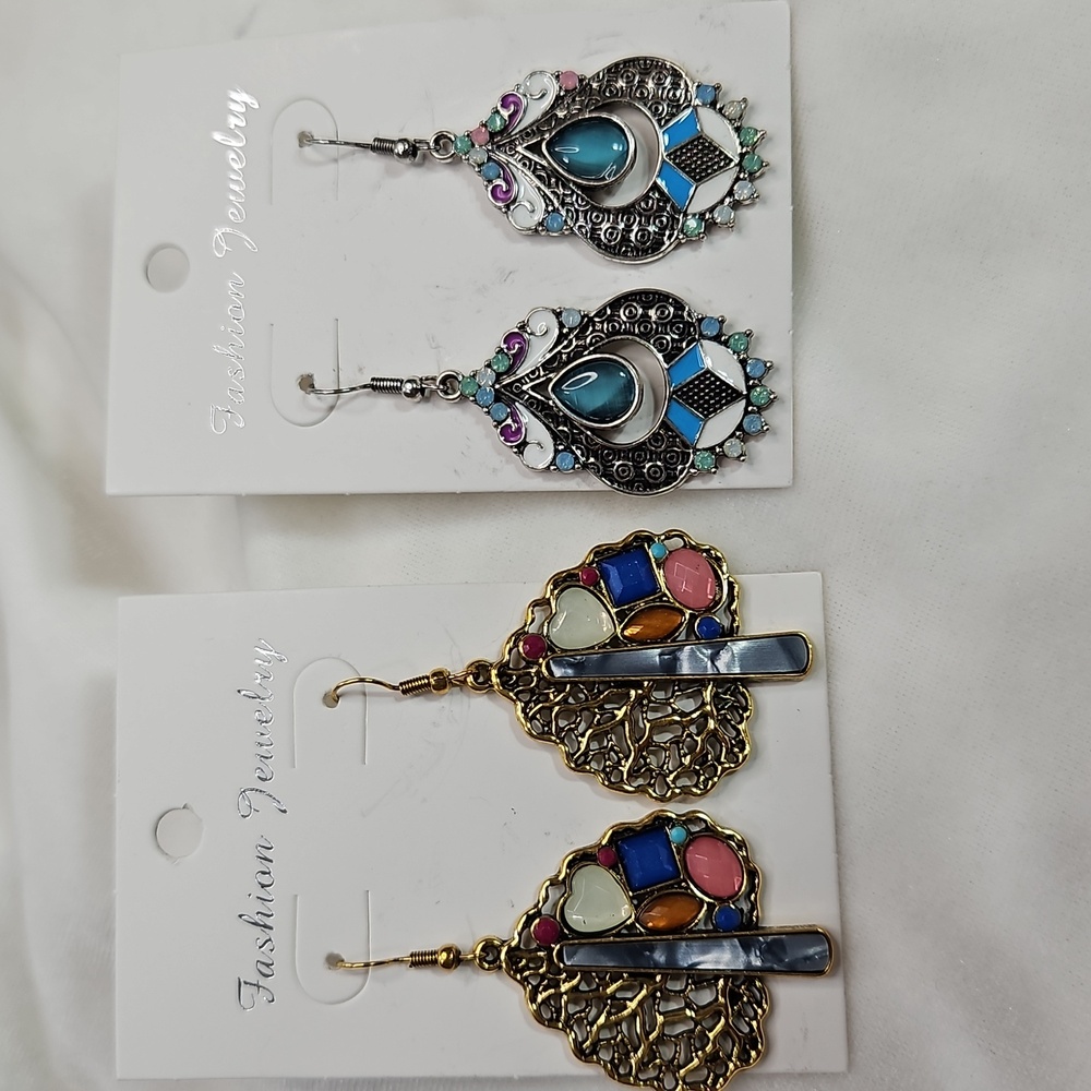 Women's Set of 2 Pairs Pierced Earrings Boho Ethnic Colorful Unique Bohemian NEW